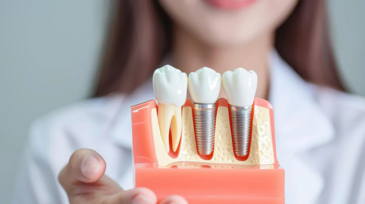A dental implant is a small titanium post placed in the jawbone to replace a missing tooth root.